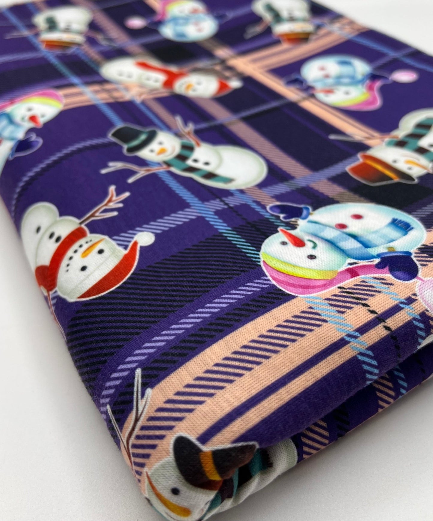 Purple Tartan Snowman Print Soft Spun Poly Stretch Fabric - T9 Fabrics