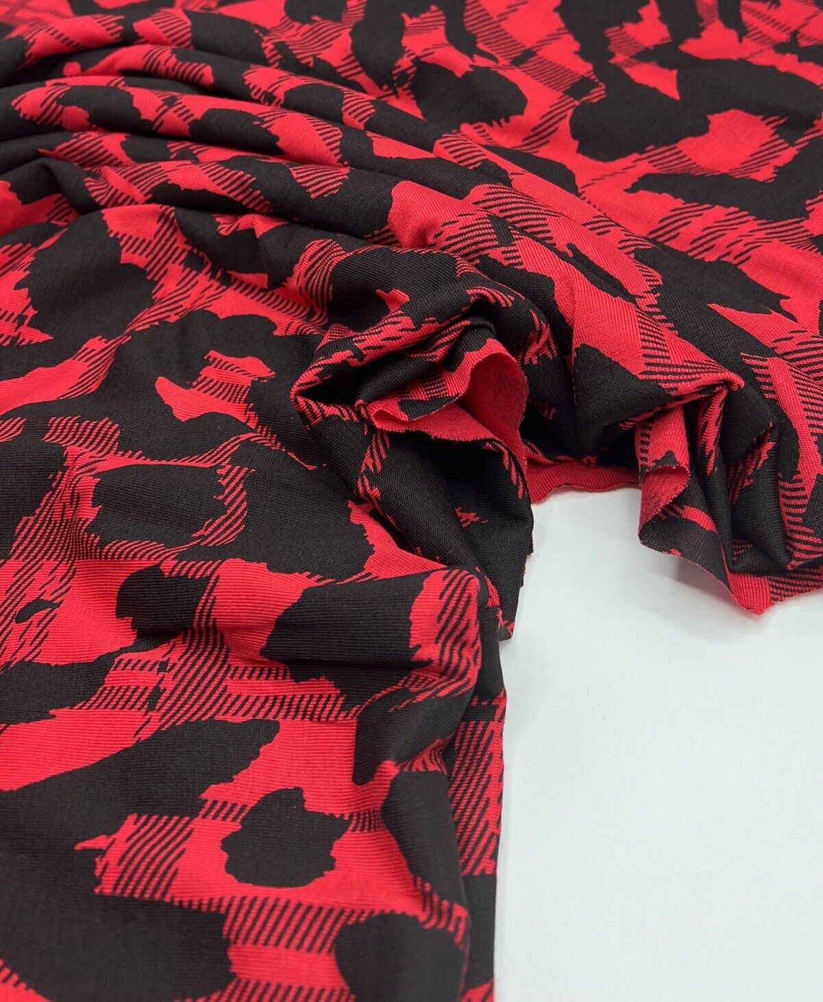 Red Black Tartan Print Black Viscose Elastane Fabric - T9 Fabrics