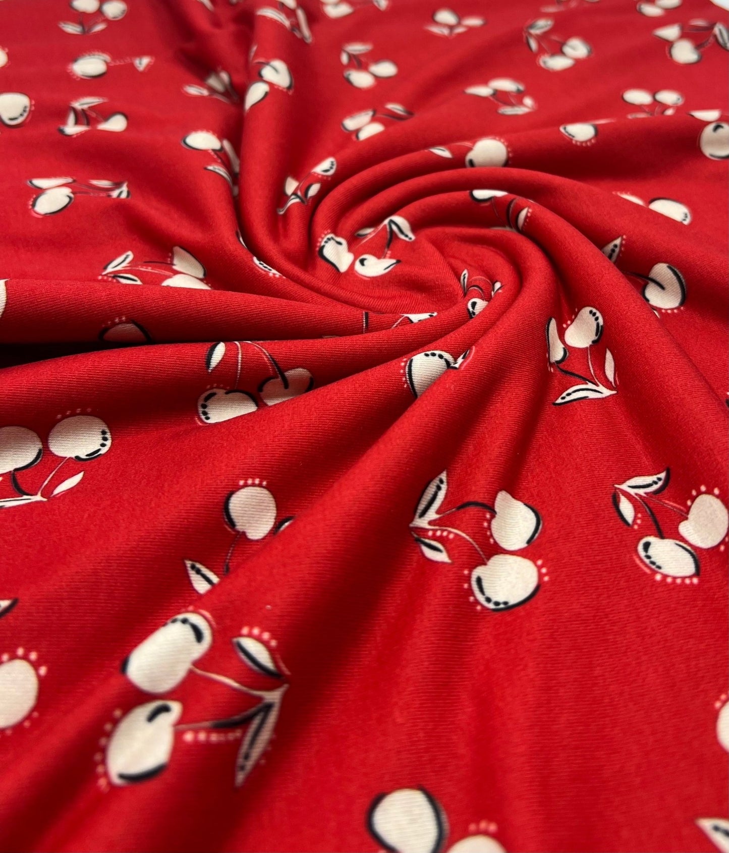 Red Cherry Print Super Soft Spun Poly Stretch Fabric - T9 Fabrics