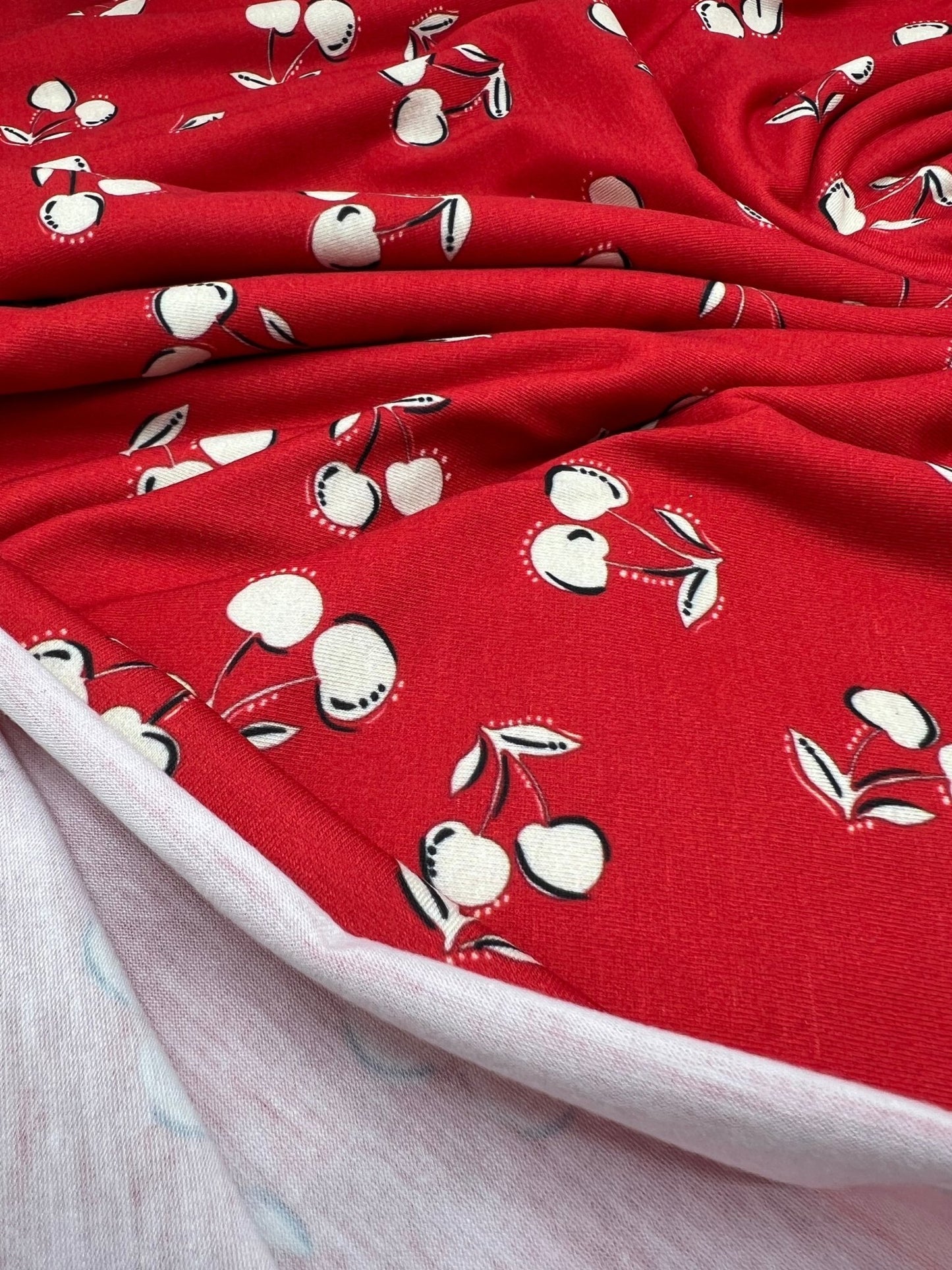 Red Cherry Print Super Soft Spun Poly Stretch Fabric - T9 Fabrics