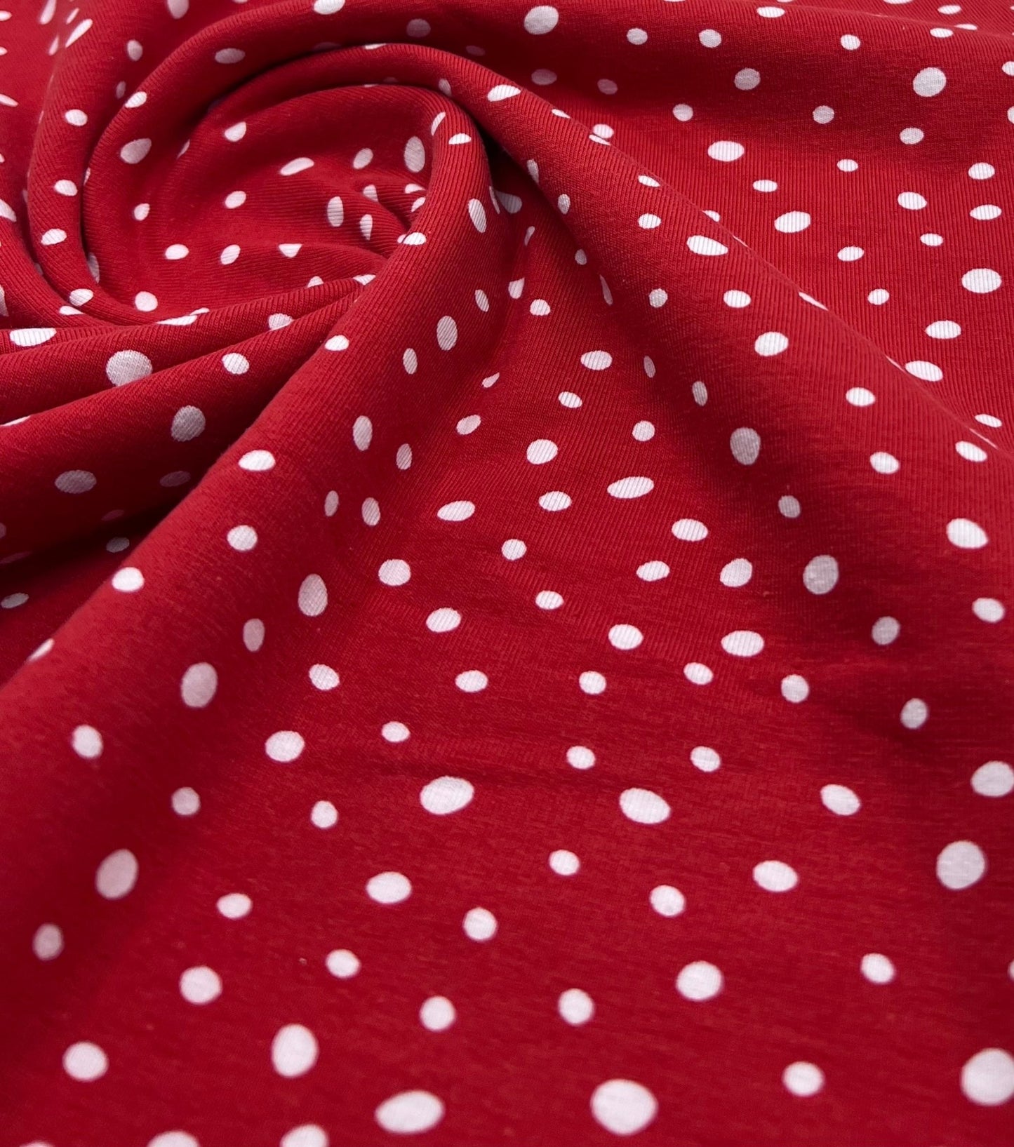 Red Dots Cotton Stretch Jersey 200 GSM 95/5 Lycra 4 Way Stretch - T9 Fabrics