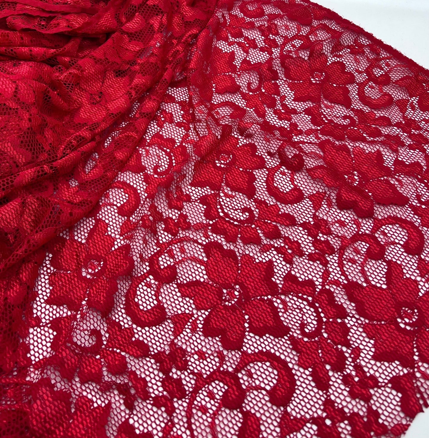 Red Scalloped Edge Floral Lace Fabric Stretch - T9 Fabrics