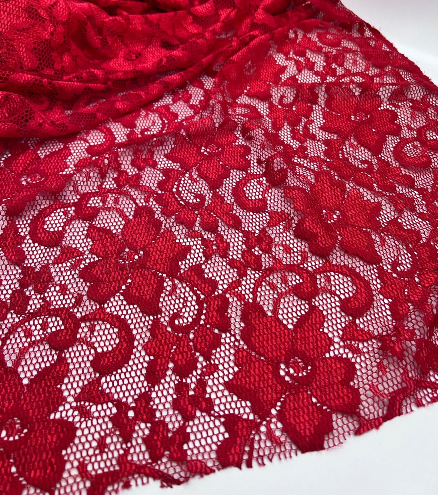 Red Scalloped Edge Floral Lace Fabric Stretch - T9 Fabrics