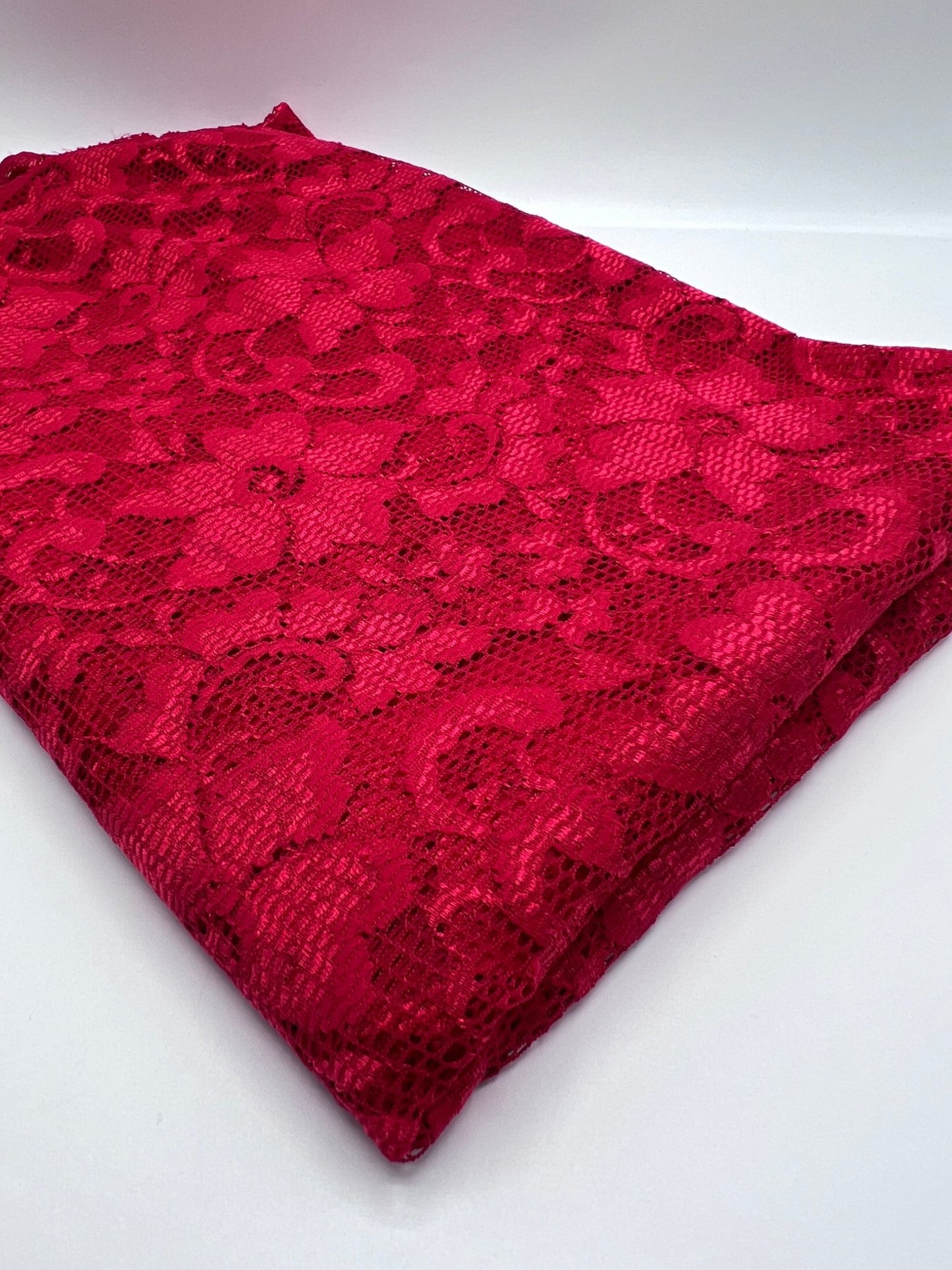 Red Scalloped Edge Floral Lace Fabric Stretch - T9 Fabrics