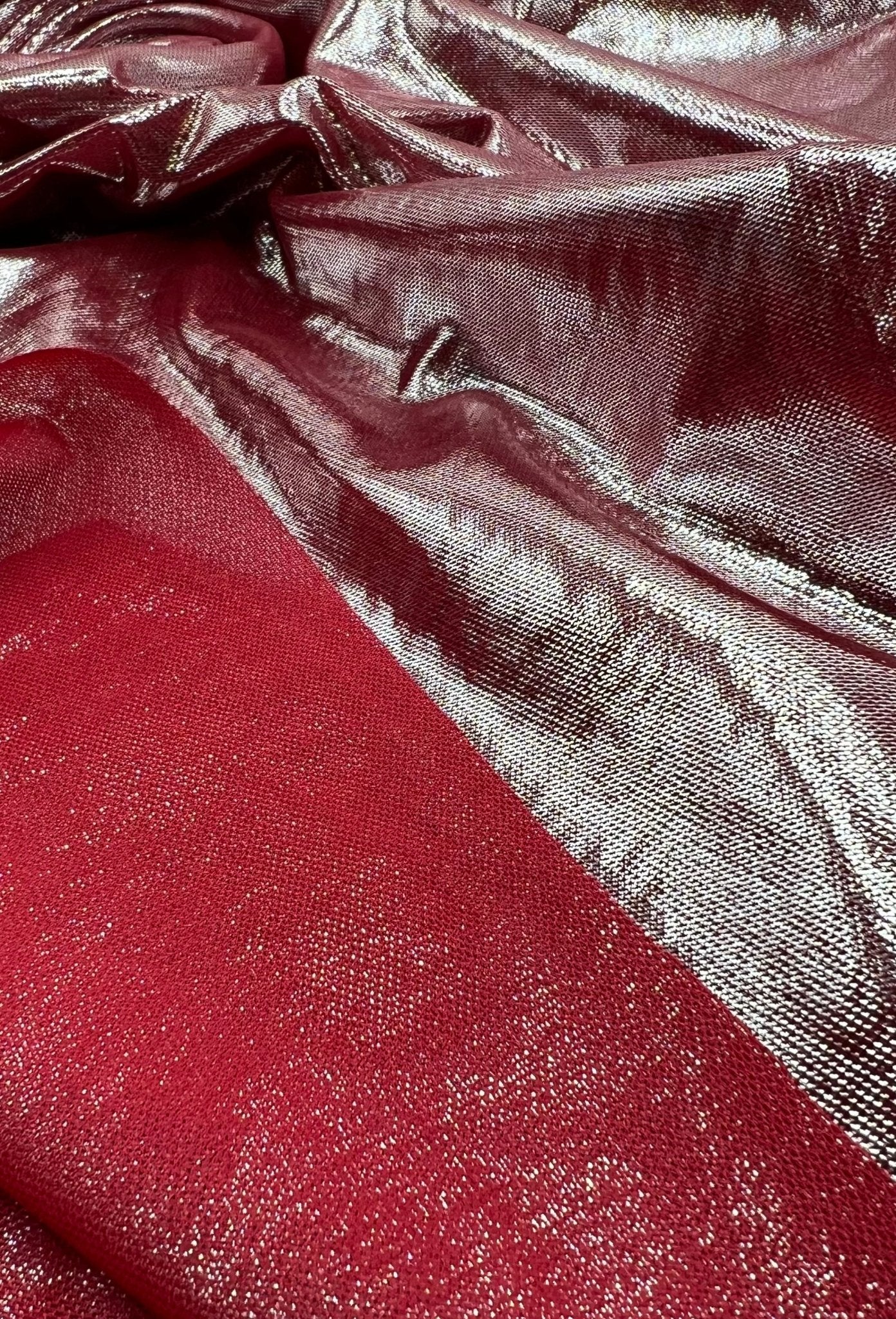 Red Silver Shiny Foil Mesh Fabric Stretch - T9 Fabrics