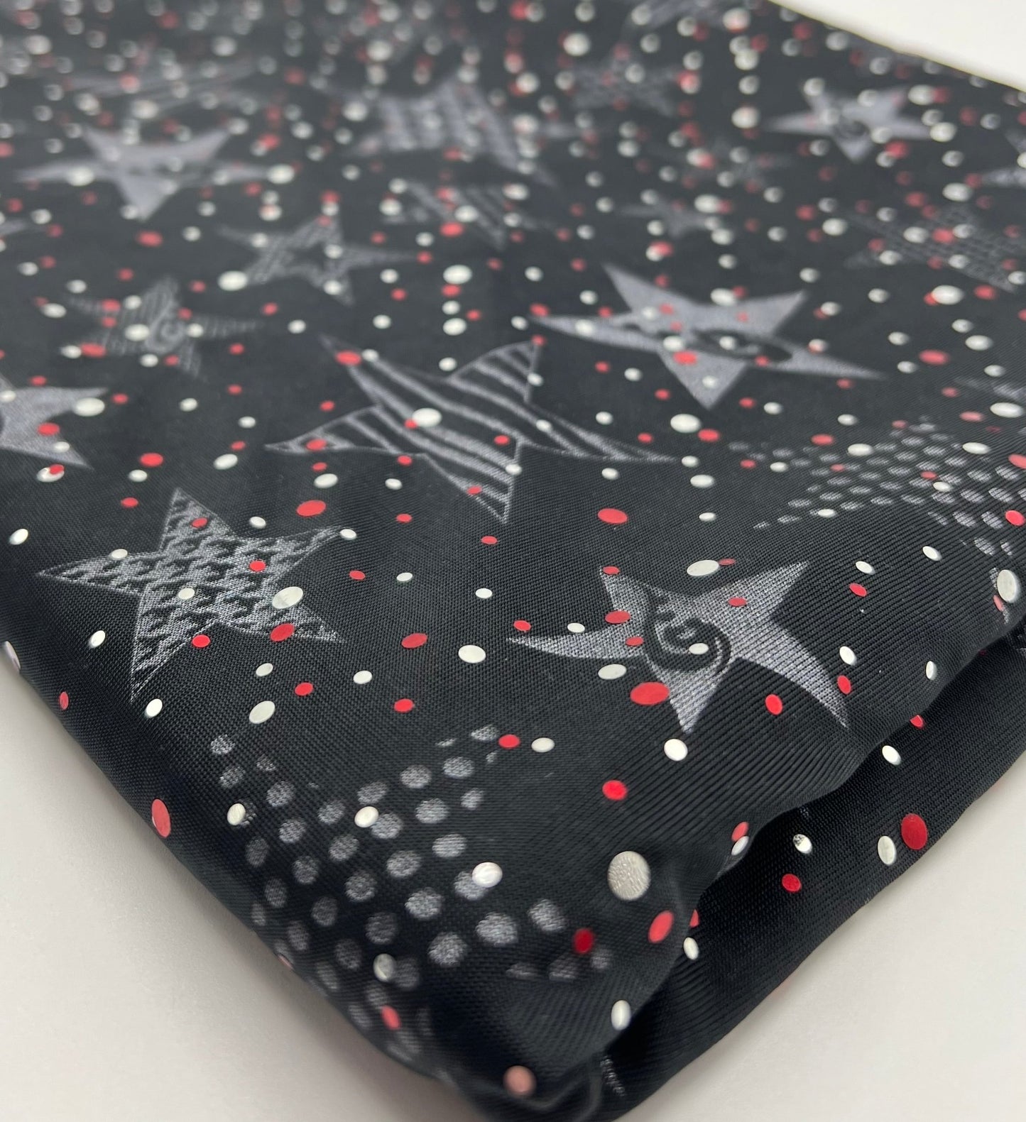 Red Silver Star Sequin Print Soft Touch 4 Way Stretch Fabric - T9 Fabrics