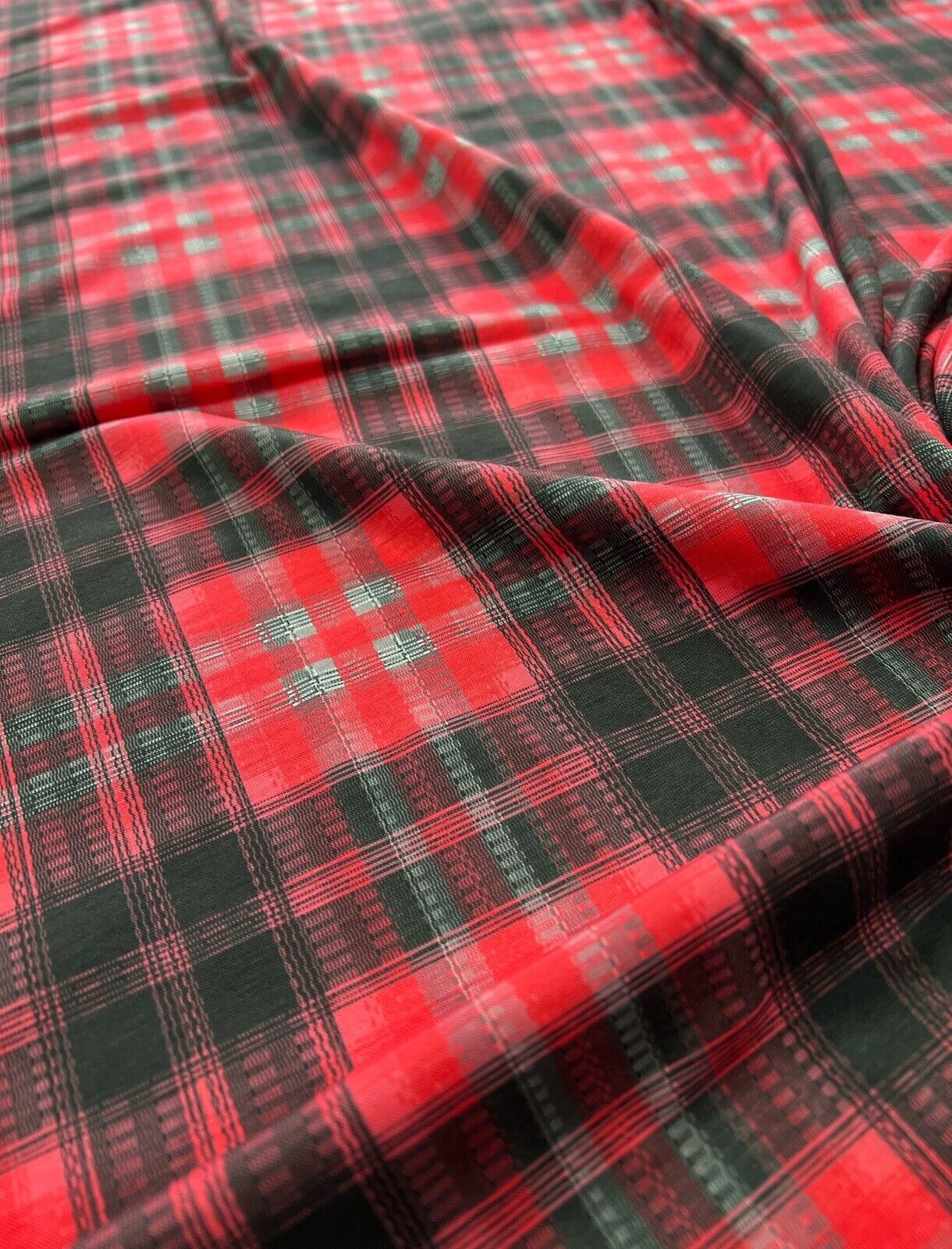 Red Tartan Print Polyester Stretch Jersey - T9 Fabrics