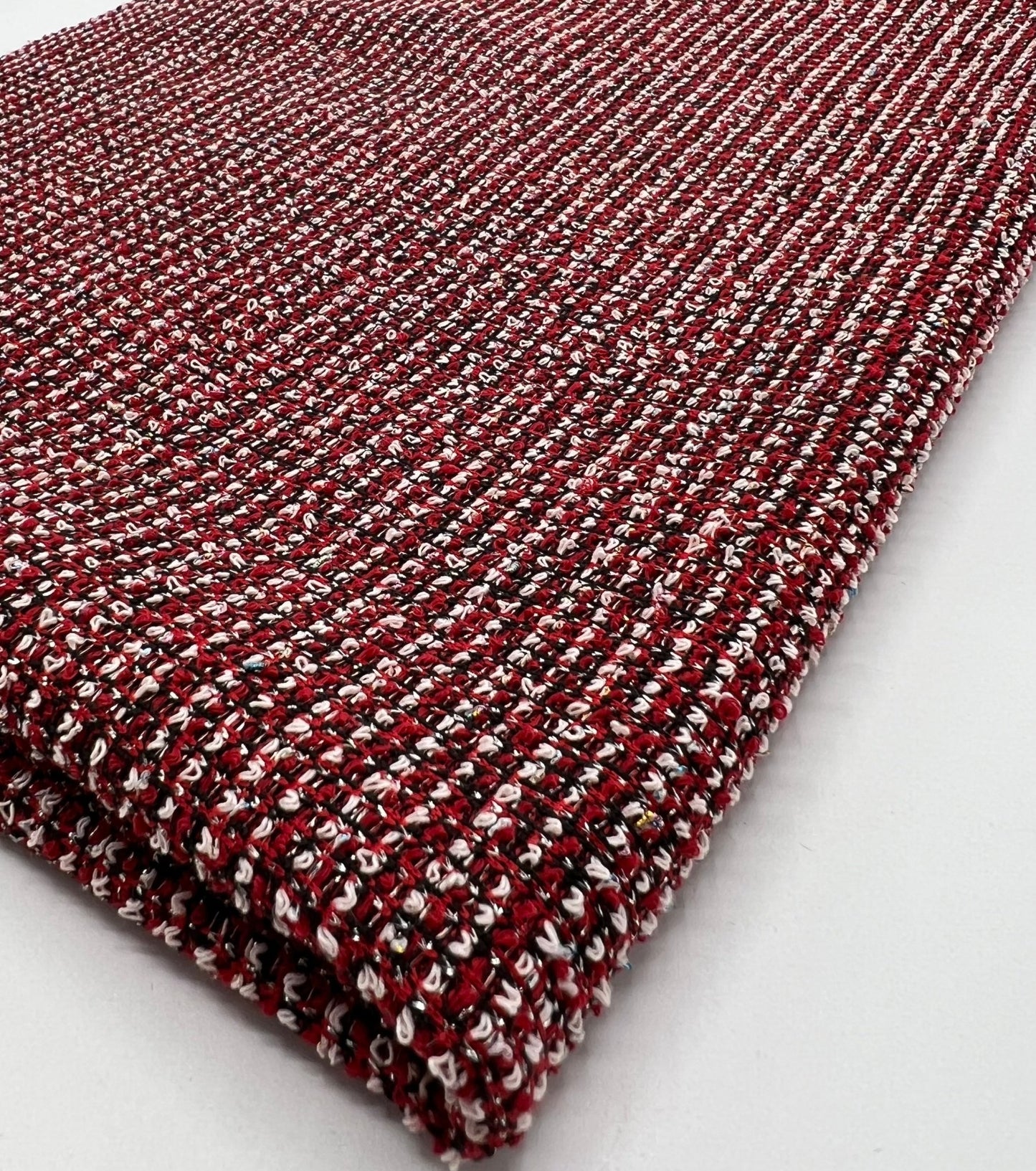 Red White Black Silver Thread Boucle 2 Way Stretch Fabric - T9 Fabrics