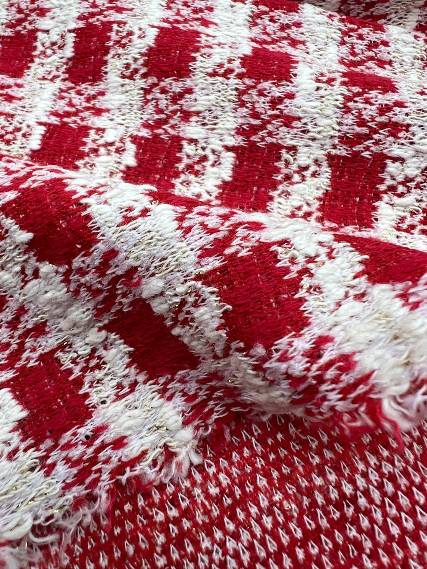 Red White Gingham Gold Speckle Jacquard Stretch Fabric - T9 Fabrics