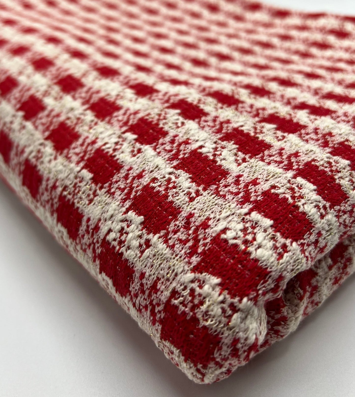 Red White Gingham Gold Speckle Jacquard Stretch Fabric - T9 Fabrics