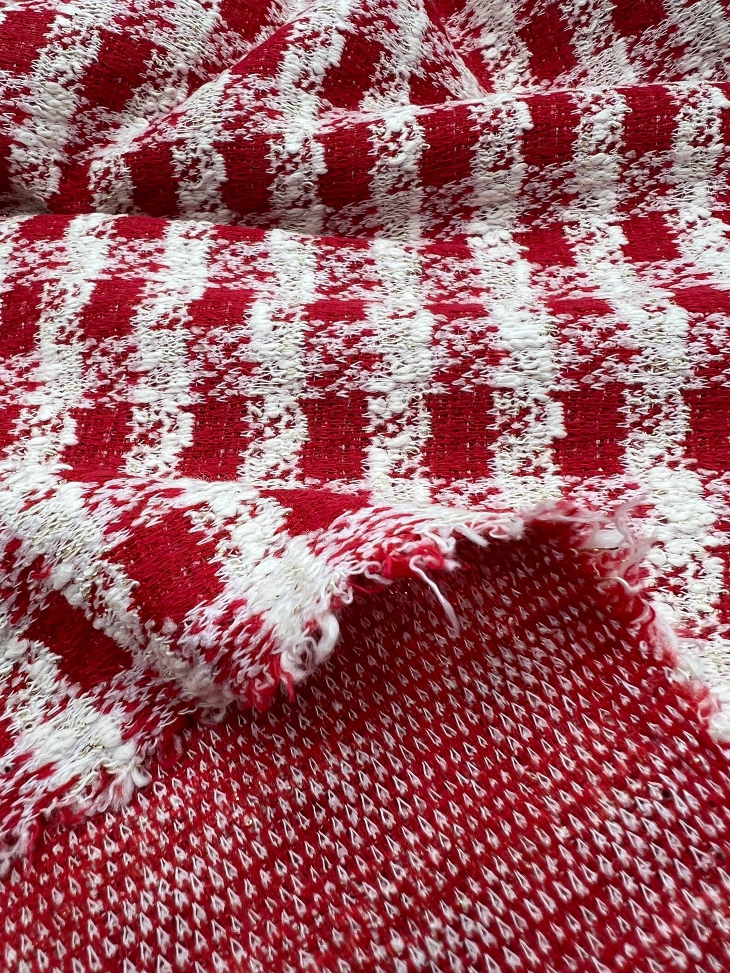 Red White Gingham Gold Speckle Jacquard Stretch Fabric - T9 Fabrics