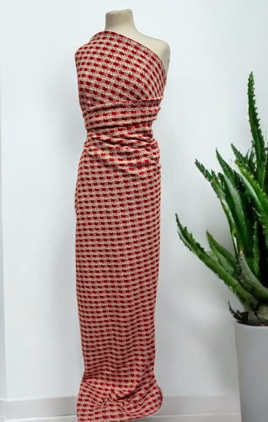 Red White Gingham Gold Speckle Jacquard Stretch Fabric - T9 Fabrics