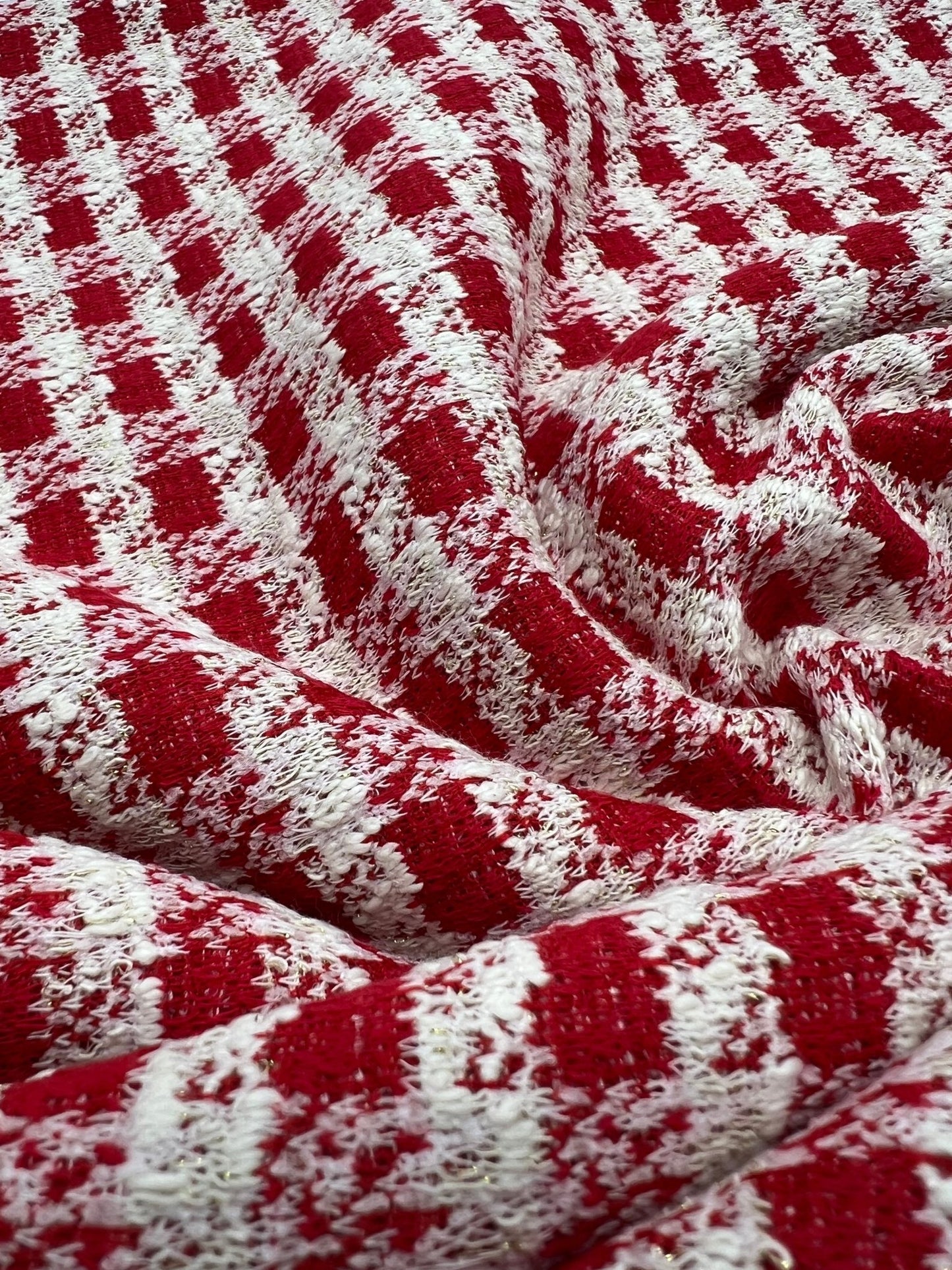 Red White Gingham Gold Speckle Jacquard Stretch Fabric - T9 Fabrics