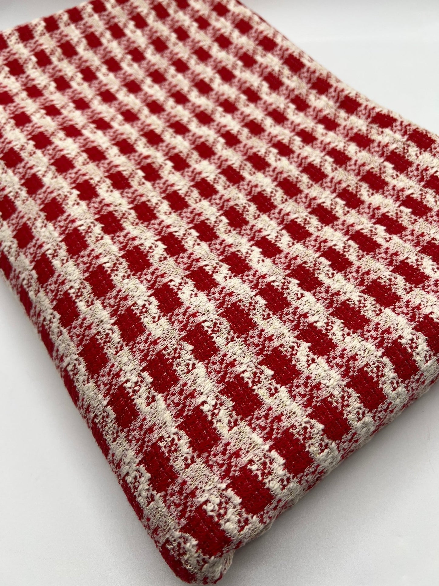 Red White Gingham Gold Speckle Jacquard Stretch Fabric - T9 Fabrics