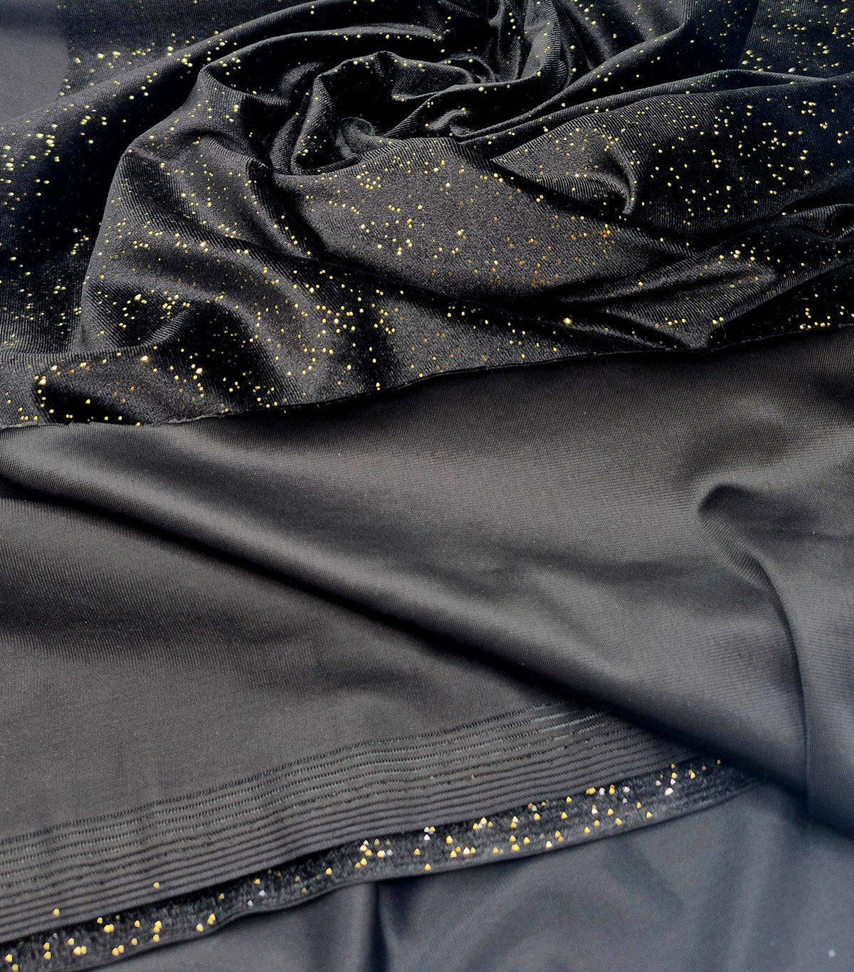 Plain Black Metallic Gold Sparkle Glitter Velour Stretch Fabric