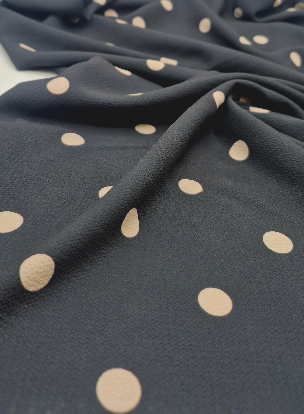 Black Stone Polka Print Lightweight Bubble Crepe Fabric