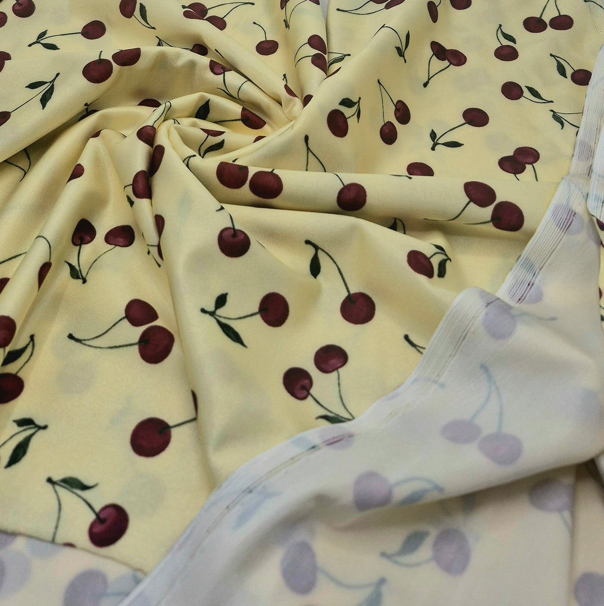 Lemon Yellow Cherry Print Swimwear / Sportswear 4 Way Stretch Fabric )