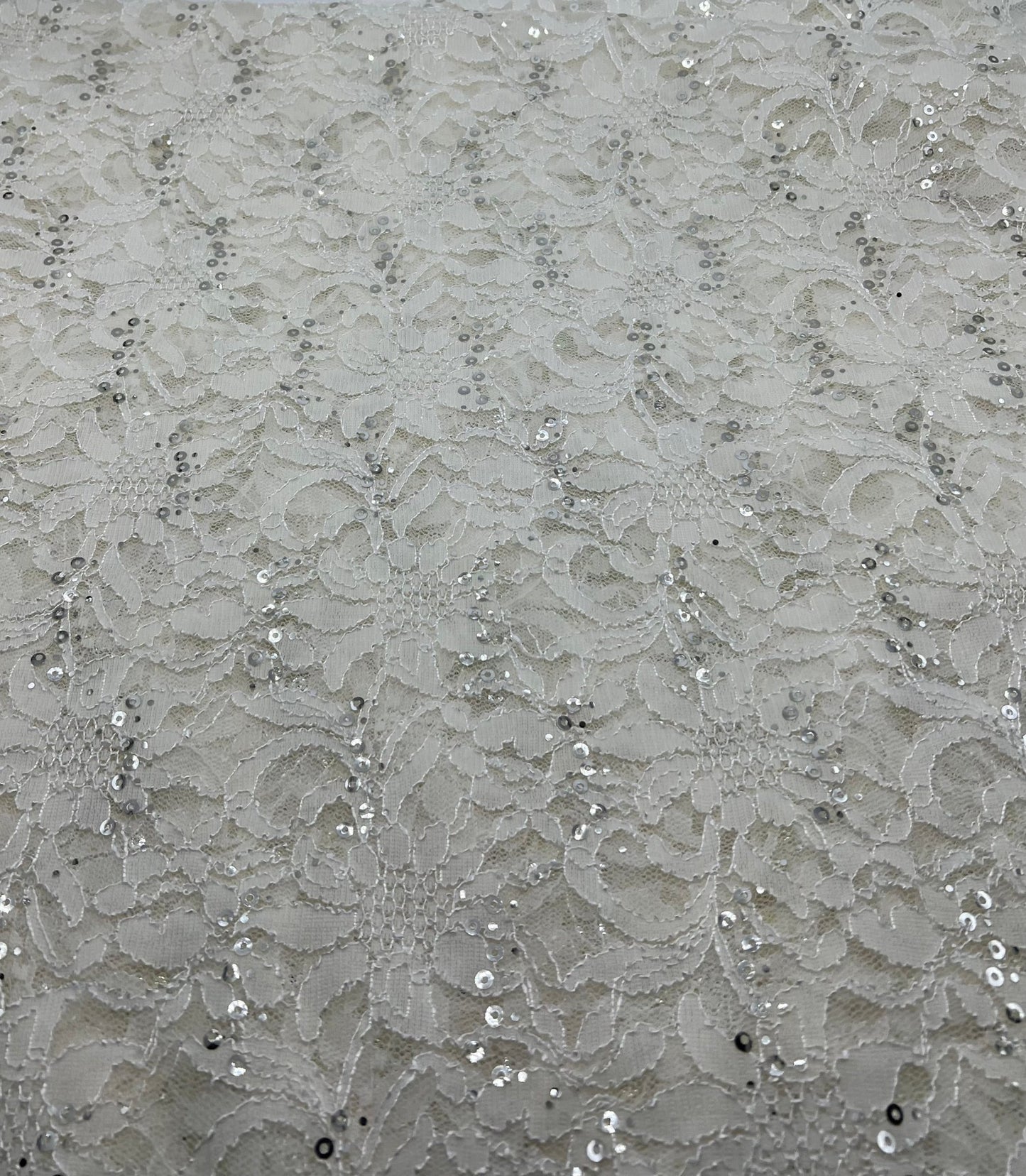 Sequin Ivory Scalloped Edge Floral Lace Fabric Stretch - T9 Fabrics
