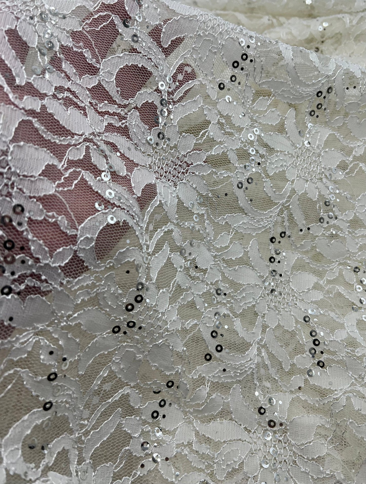 Sequin Ivory Scalloped Edge Floral Lace Fabric Stretch - T9 Fabrics