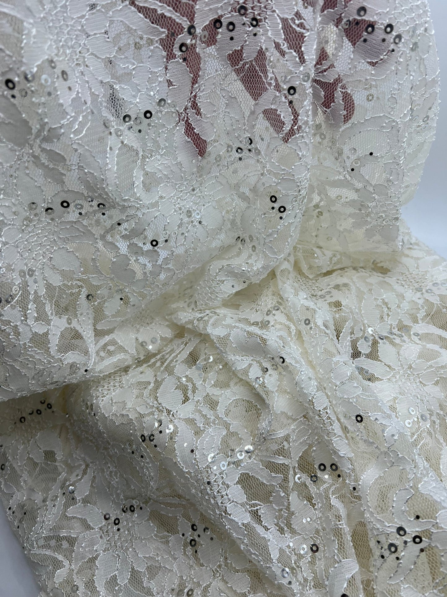 Sequin Ivory Scalloped Edge Floral Lace Fabric Stretch - T9 Fabrics