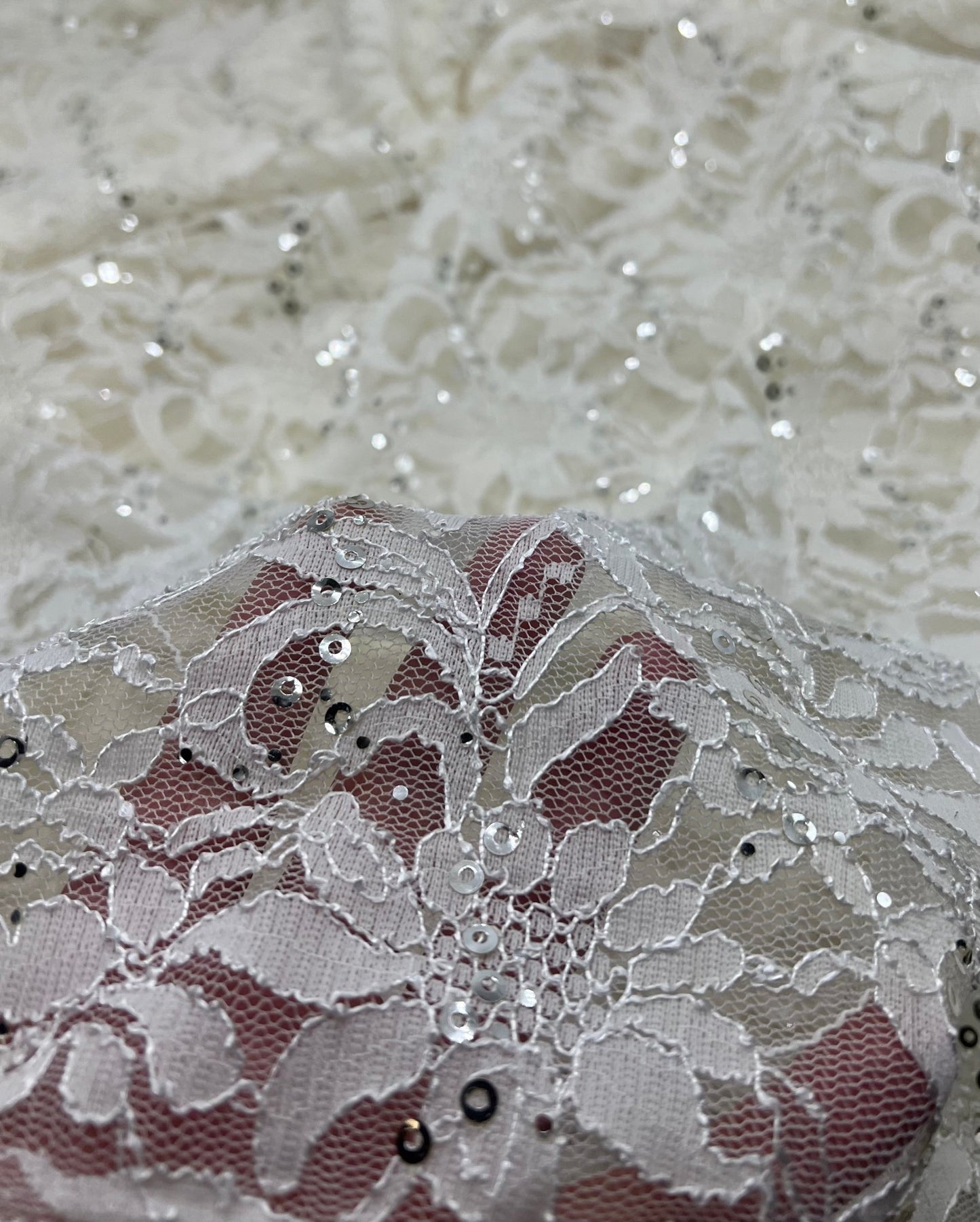 Sequin Ivory Scalloped Edge Floral Lace Fabric Stretch - T9 Fabrics