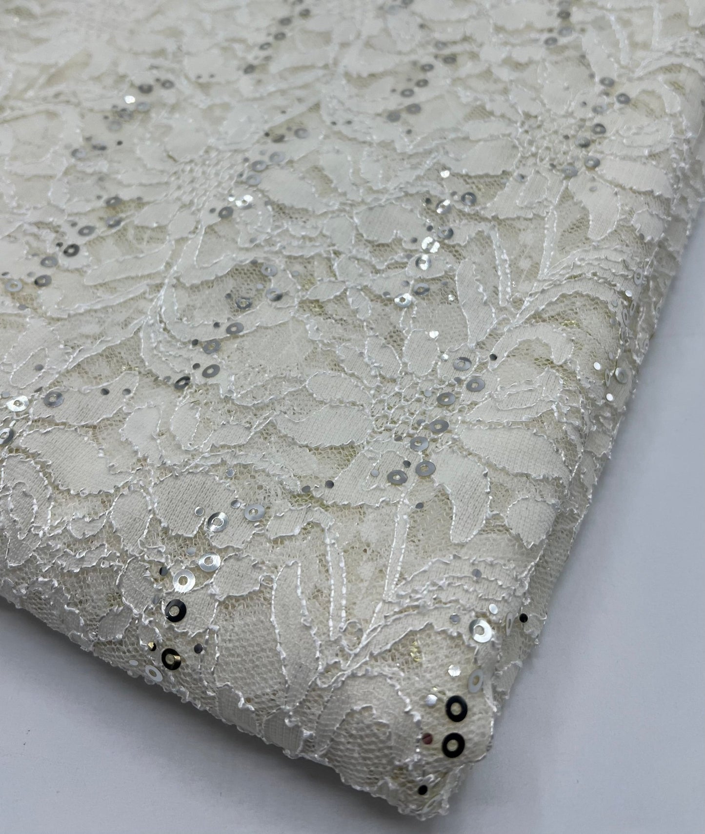Sequin Ivory Scalloped Edge Floral Lace Fabric Stretch - T9 Fabrics