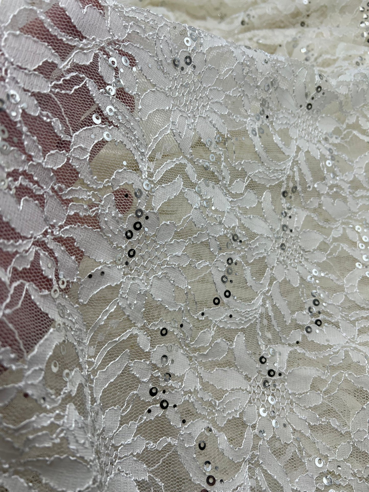 Sequin Ivory Scalloped Edge Floral Lace Fabric Stretch - T9 Fabrics