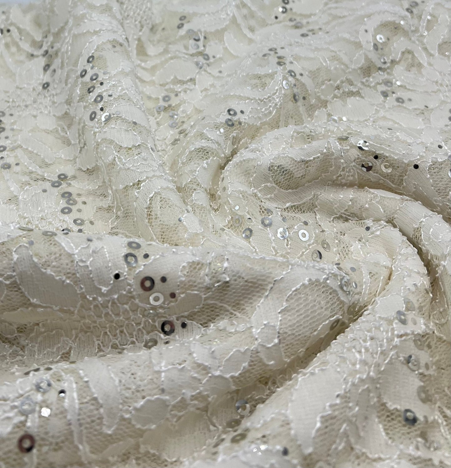 Sequin Ivory Scalloped Edge Floral Lace Fabric Stretch - T9 Fabrics