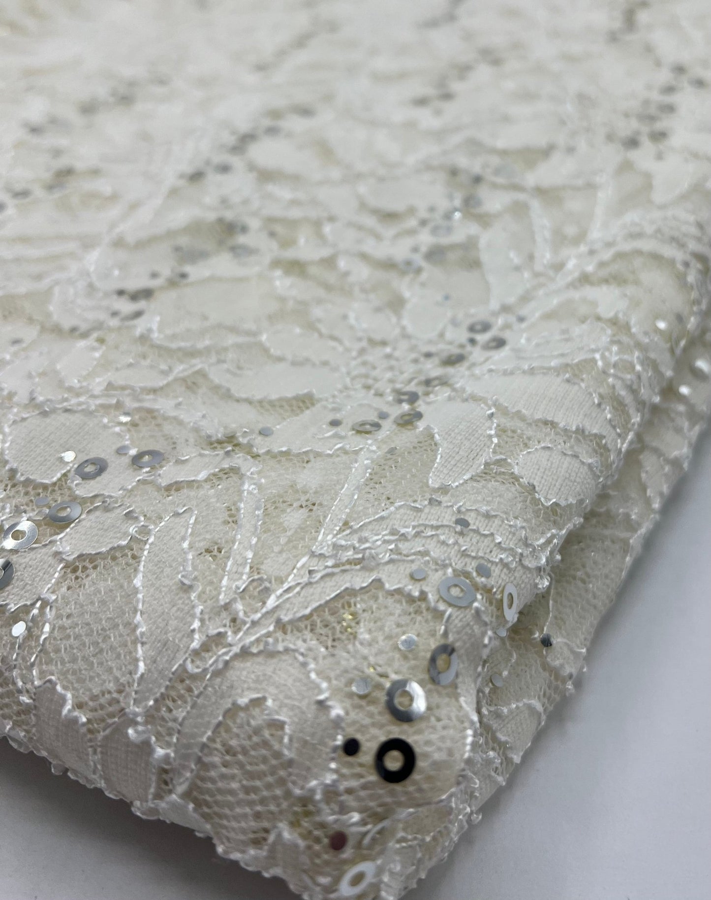 Sequin Ivory Scalloped Edge Floral Lace Fabric Stretch - T9 Fabrics