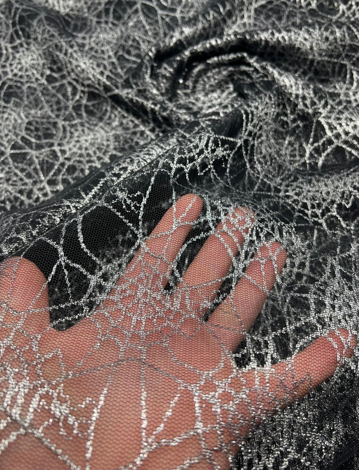 Silver Black Cobweb Halloween Print Mesh Fabric Stretch - T9 Fabrics