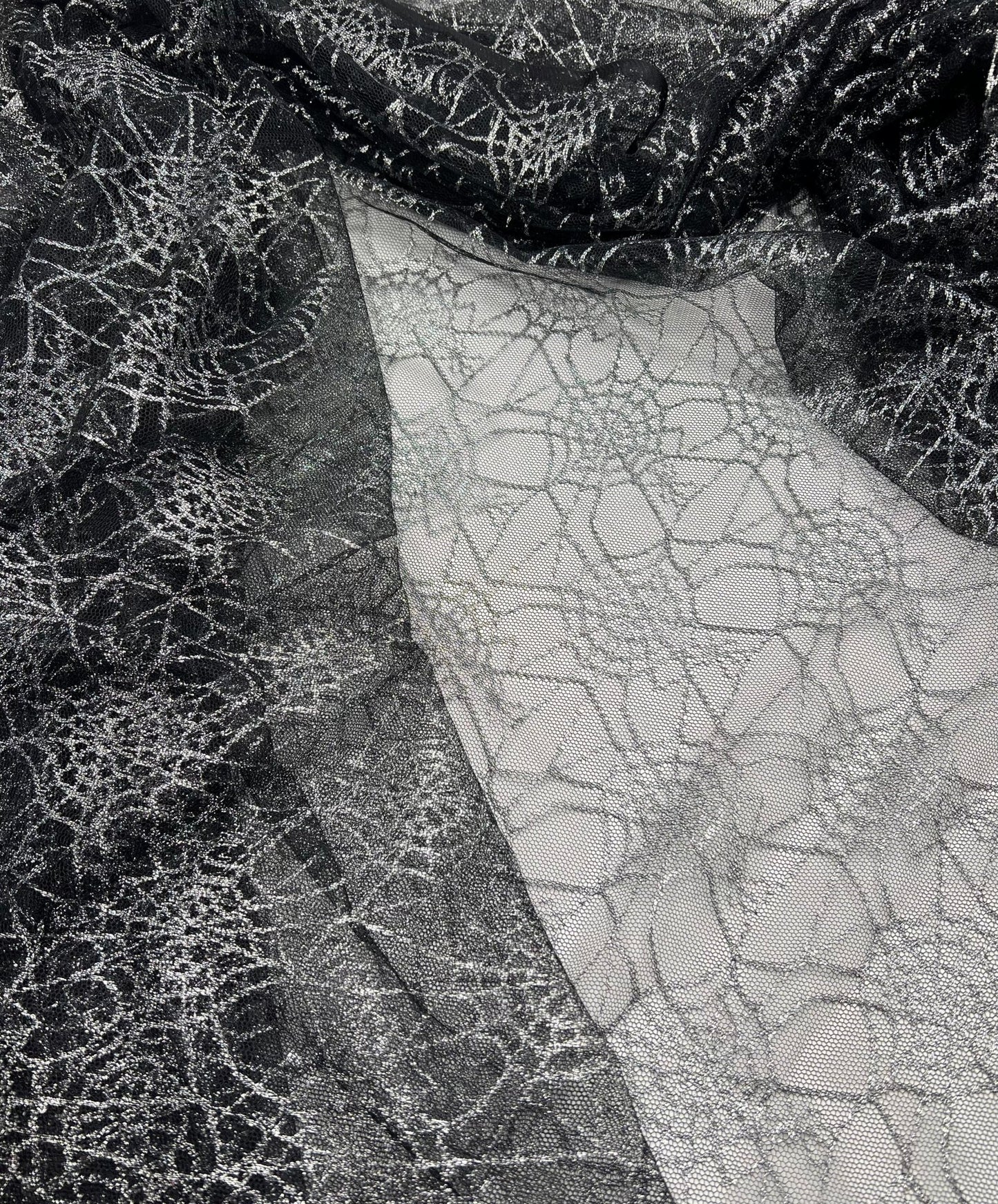 Silver Black Cobweb Halloween Print Mesh Fabric Stretch - T9 Fabrics