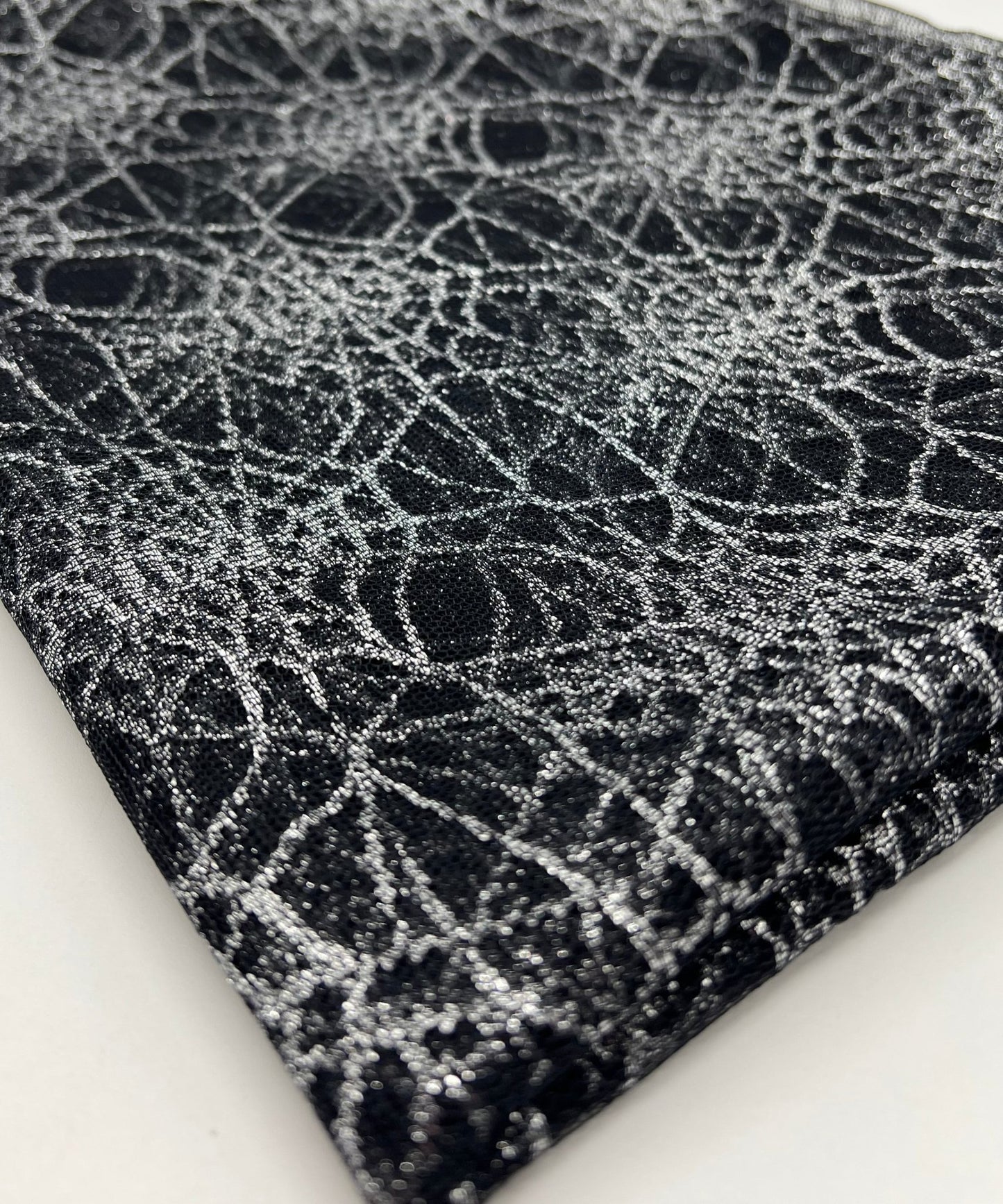Silver Black Cobweb Halloween Print Mesh Fabric Stretch - T9 Fabrics