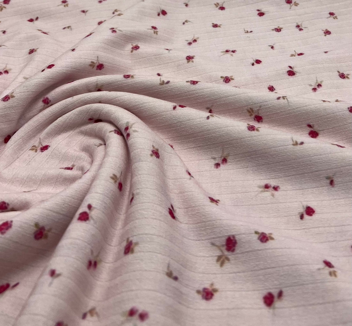 Soft Pink Ditsy Floral Ditsy Print 8x4 Wide Rib Stretch Fabric - T9 Fabrics