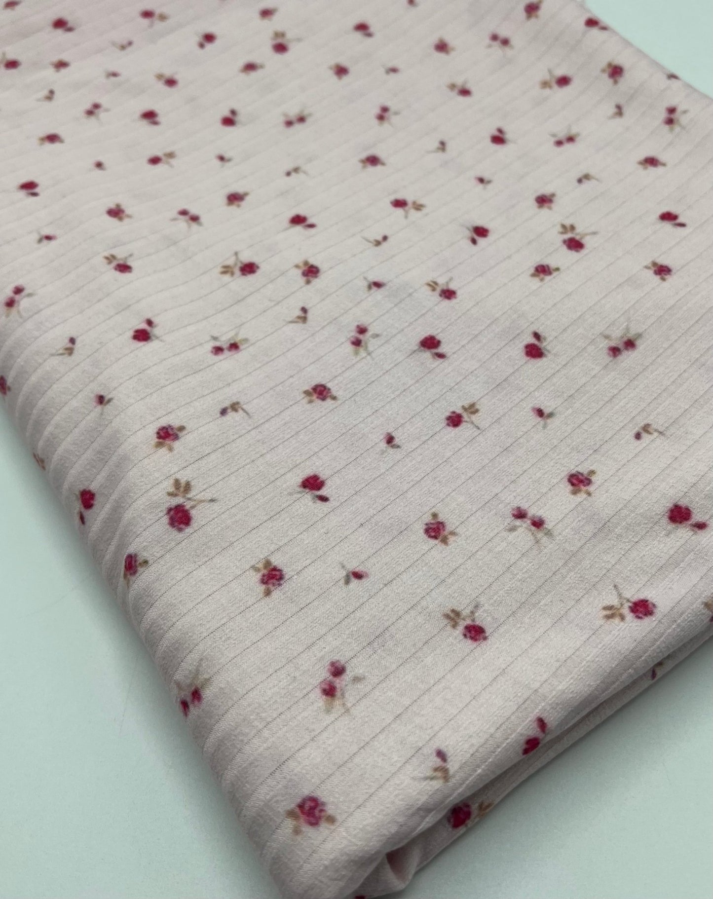 Soft Pink Ditsy Floral Ditsy Print 8x4 Wide Rib Stretch Fabric - T9 Fabrics