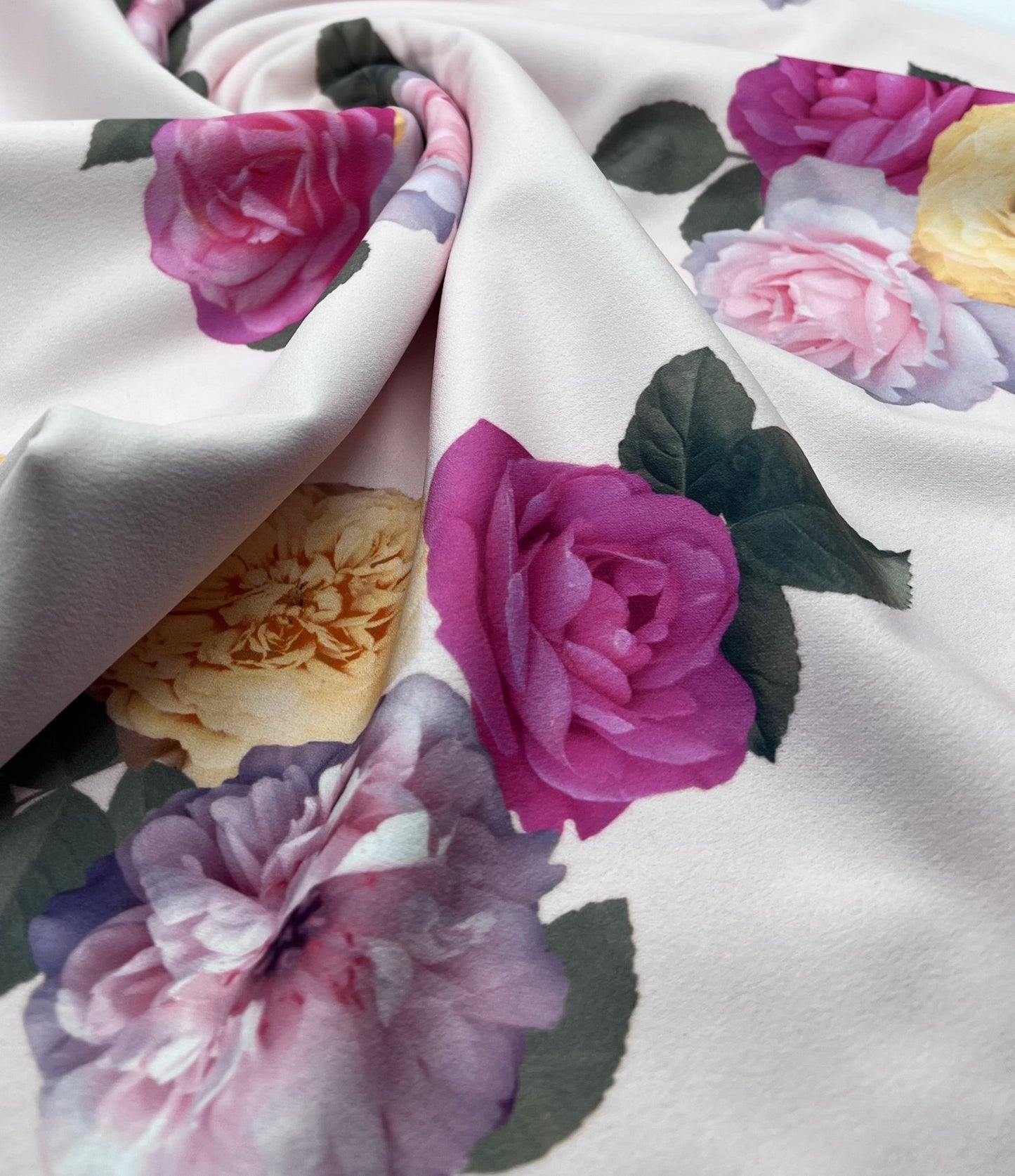 Soft Pink Floral Bunches Printed Scuba Crepe Jersey Fabric - T9 Fabrics