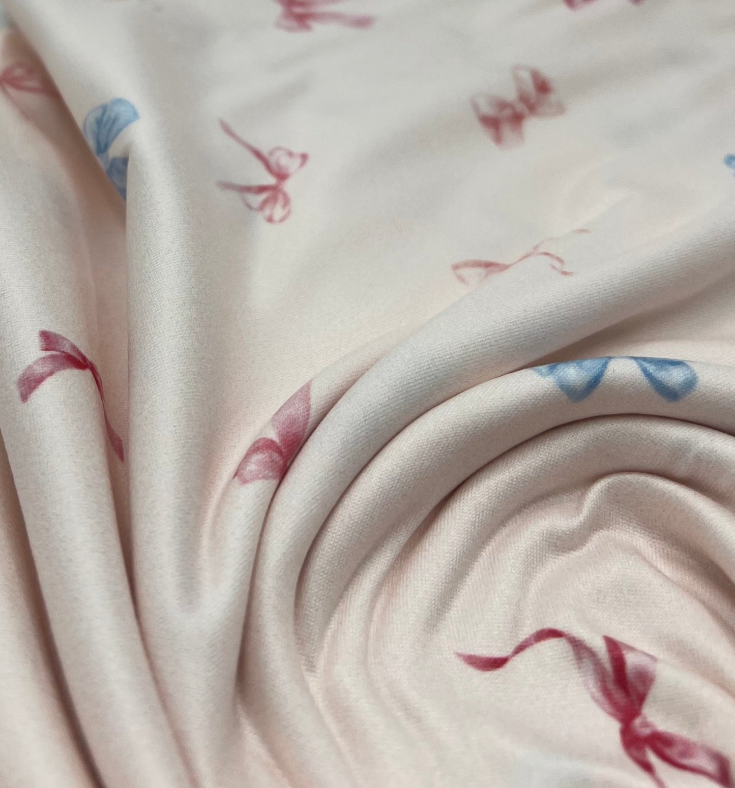 Soft Pink Multi Bows Super Soft Print Spun Poly Stretch Fabric - T9 Fabrics