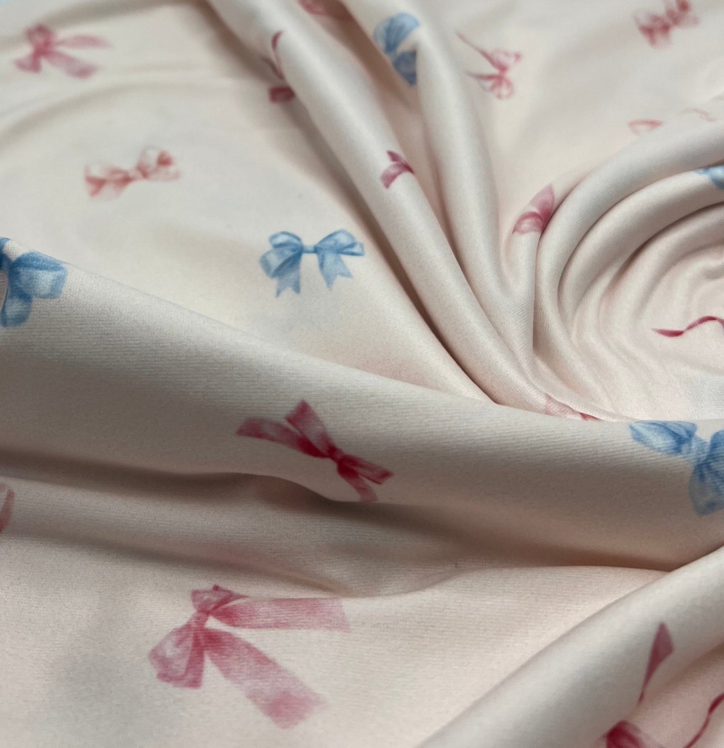 Soft Pink Multi Bows Super Soft Print Spun Poly Stretch Fabric - T9 Fabrics