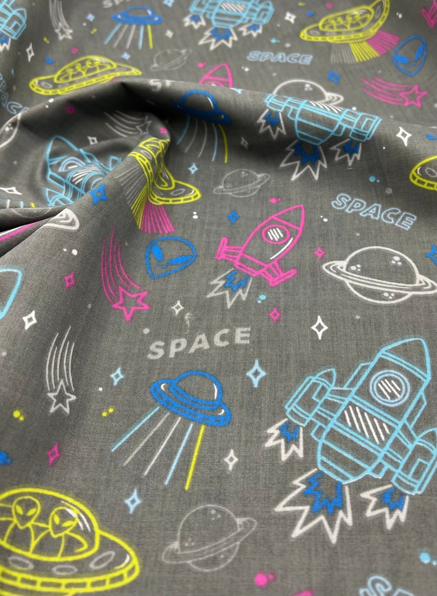 Space Jam Printed Poly Cotton 90 GSM 80/20 44 Inch Non Stretch - T9 Fabrics