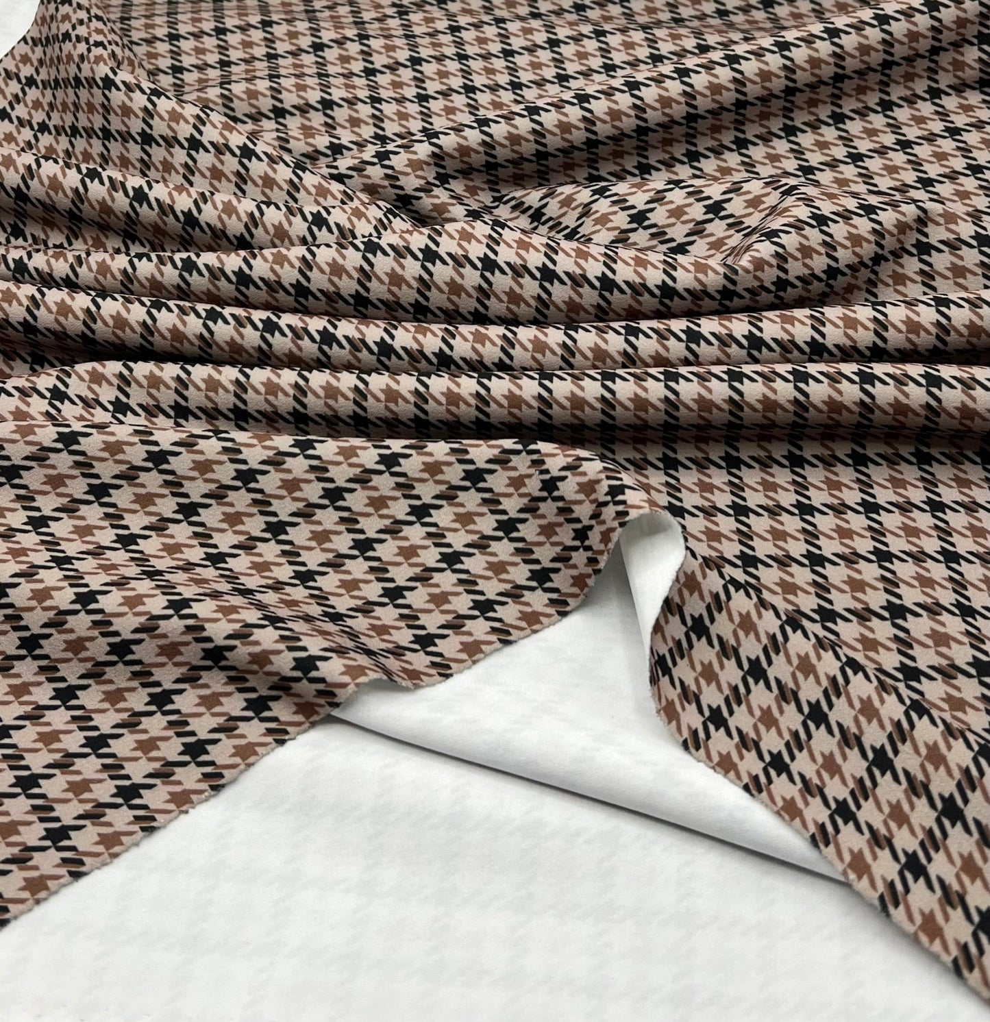 Stone Dogtooth Printed Scuba Crepe Jersey Fabric 4 Way Stretch - T9 Fabrics