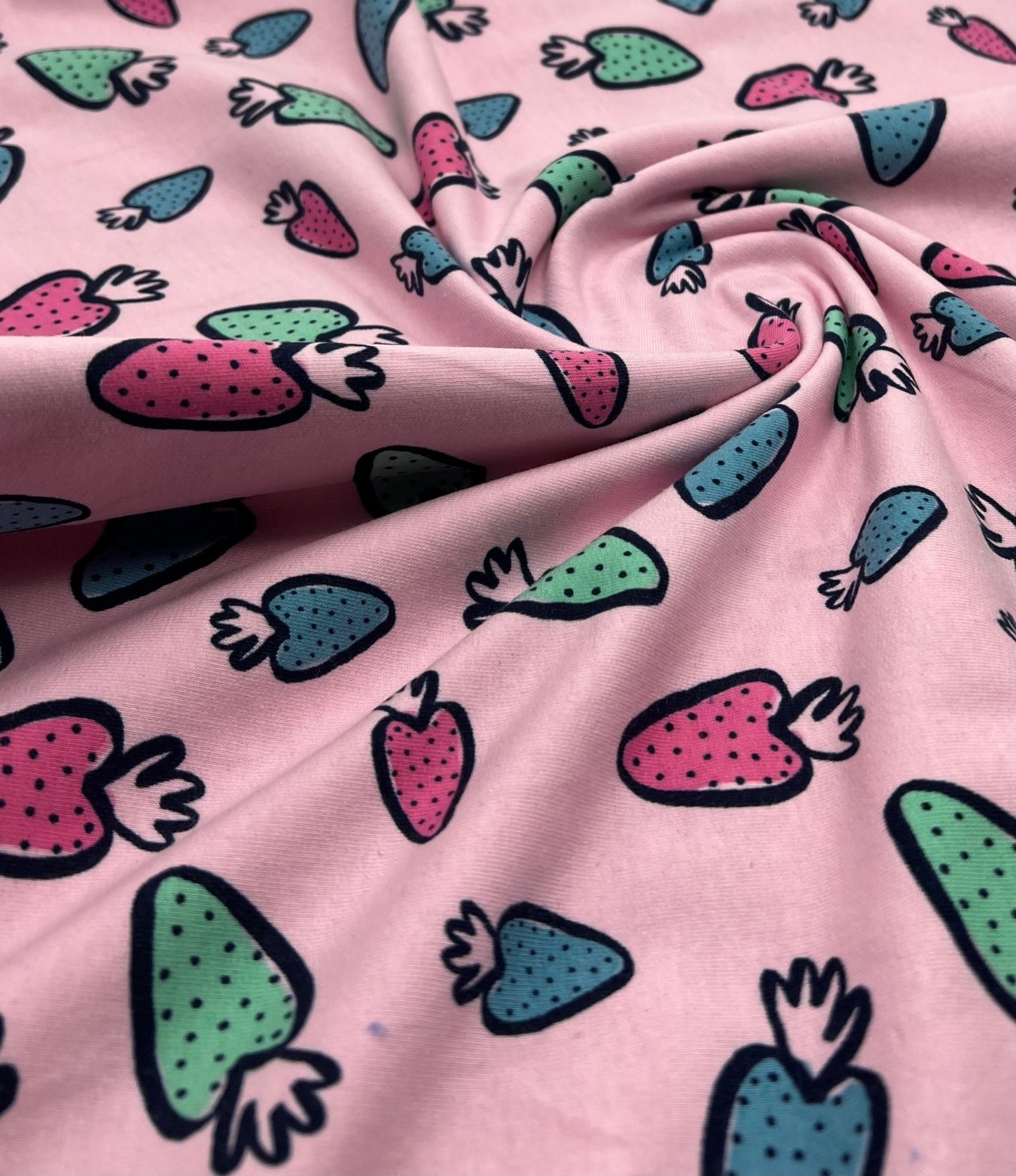 Strawberry Doodle Sweatshirting Cotton Lycra 2 Way Stretch - T9 Fabrics