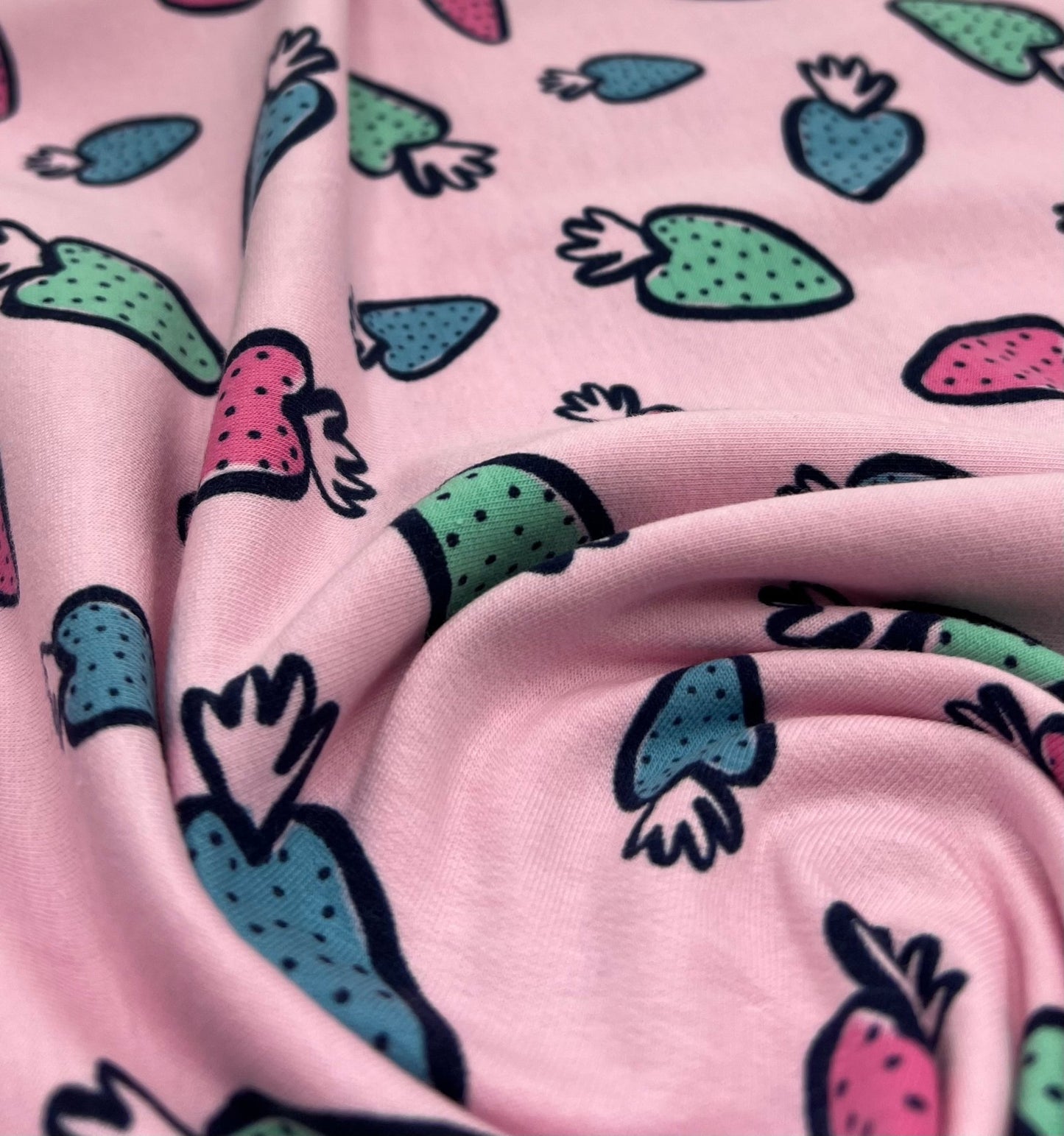 Strawberry Doodle Sweatshirting Cotton Lycra 2 Way Stretch - T9 Fabrics