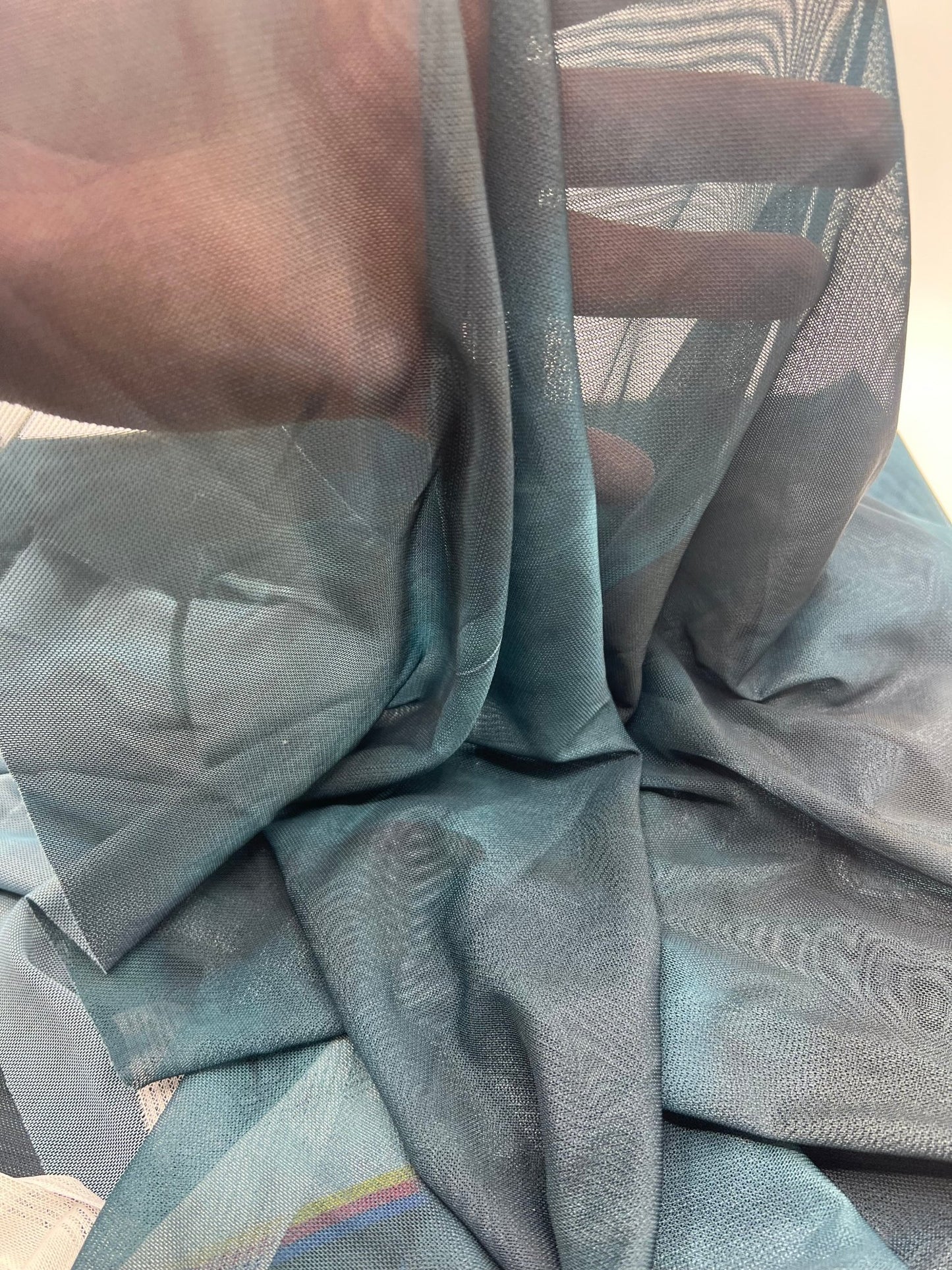 Teal Green Tie Dye Print Mesh Fabric Stretch - T9 Fabrics