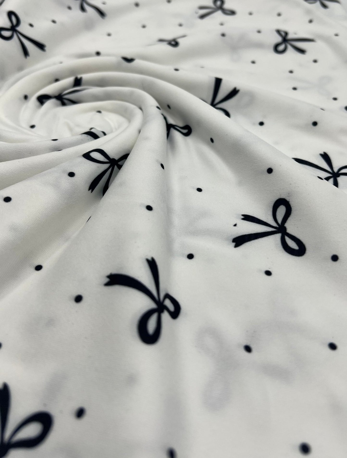 White Black Bow Spot Super Soft Print Spun Poly Stretch Fabric - T9 Fabrics