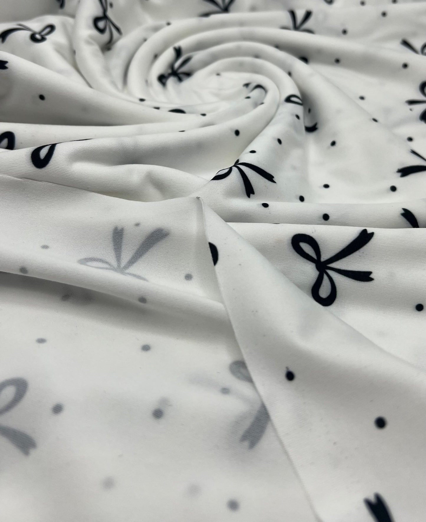 White Black Bow Spot Super Soft Print Spun Poly Stretch Fabric - T9 Fabrics