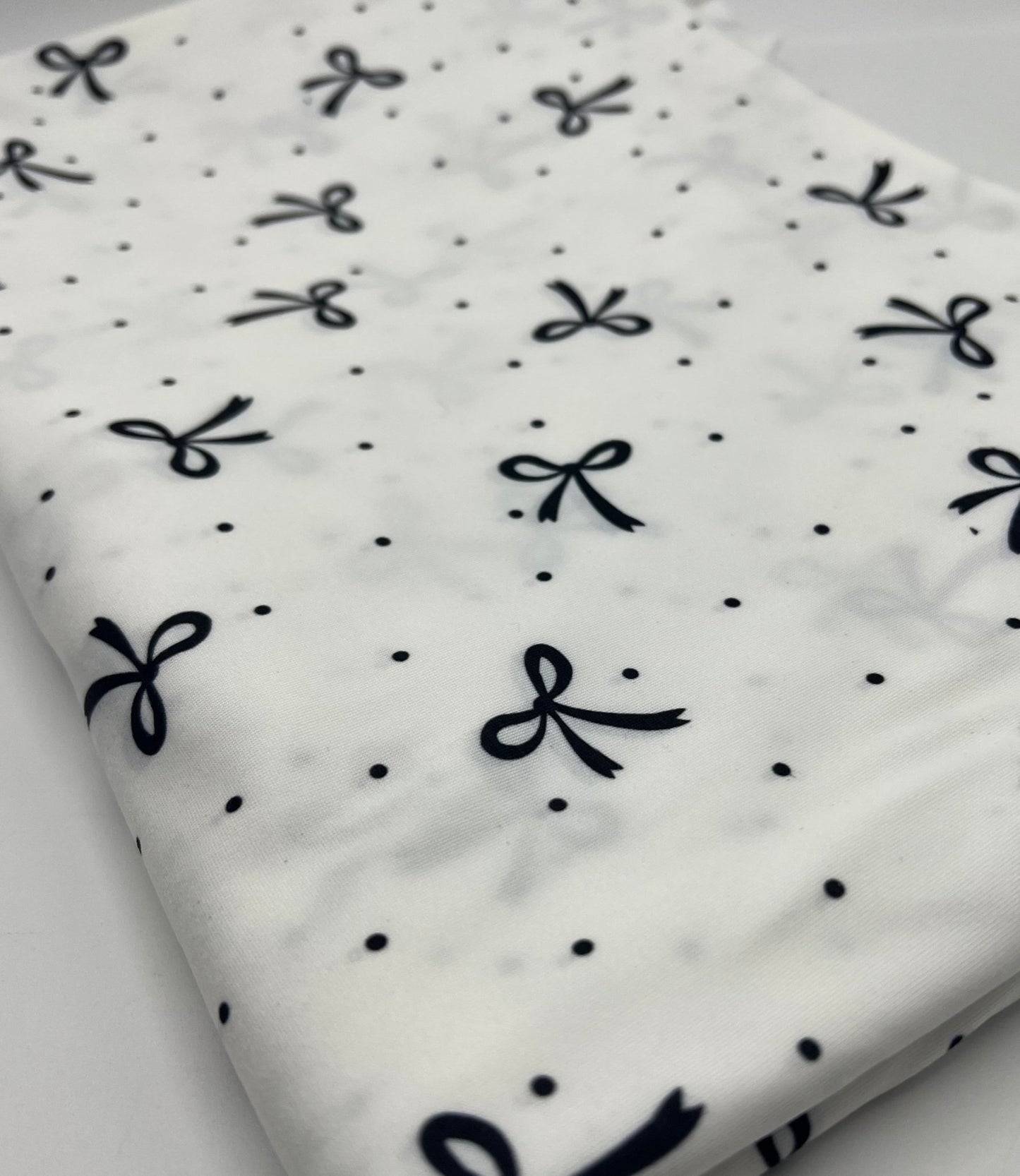 White Black Bow Spot Super Soft Print Spun Poly Stretch Fabric - T9 Fabrics