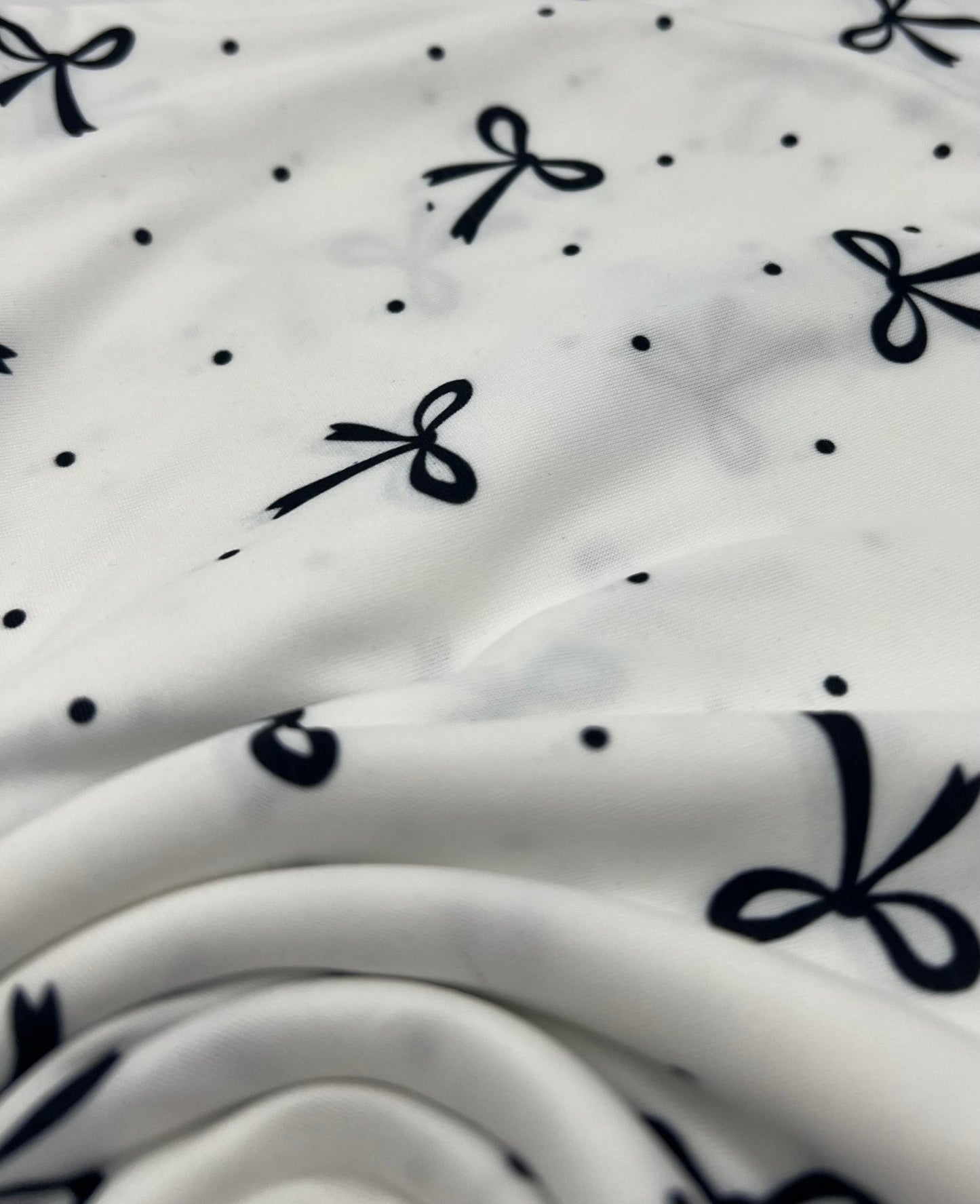 White Black Bow Spot Super Soft Print Spun Poly Stretch Fabric - T9 Fabrics