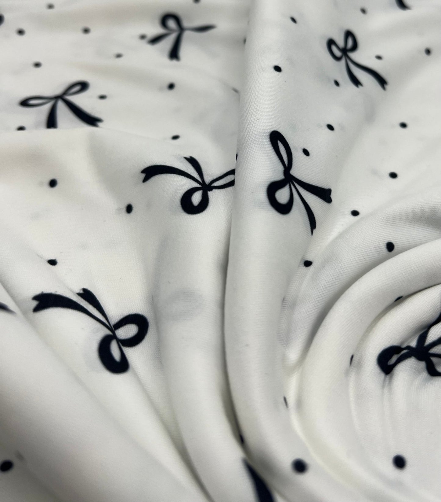 White Black Bow Spot Super Soft Print Spun Poly Stretch Fabric - T9 Fabrics
