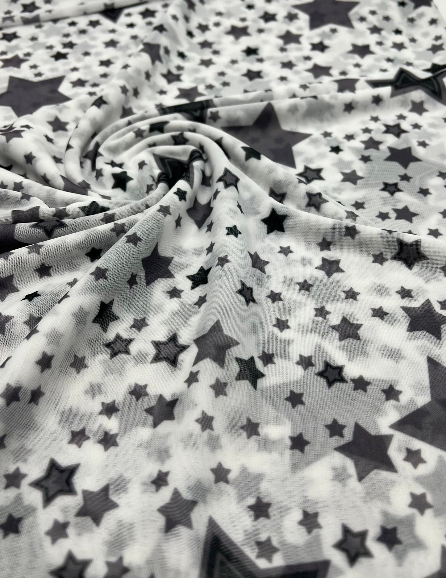 White Black Star Print Mesh Fabric Stretch - T9 Fabrics