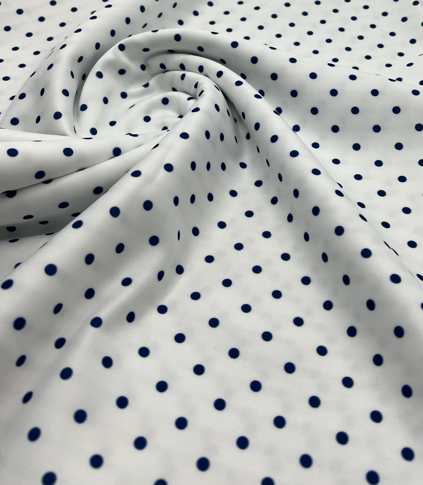 White Blue Polka Printed Plain Scuba Fabric - T9 Fabrics