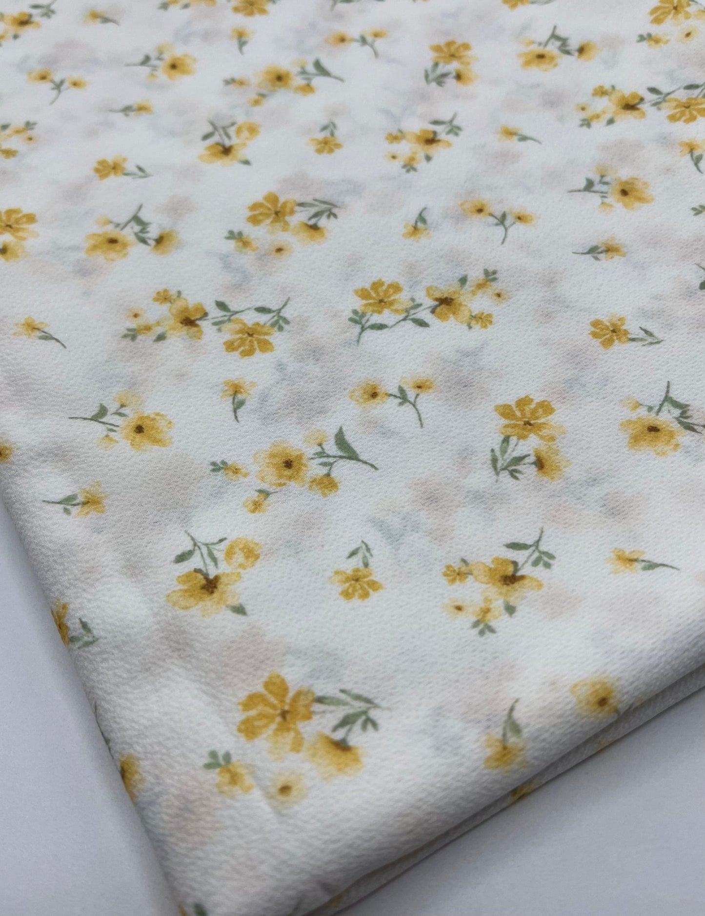 White Ditsy Yellow Floral Print Lightweight Bubble Crepe Fabric - T9 Fabrics